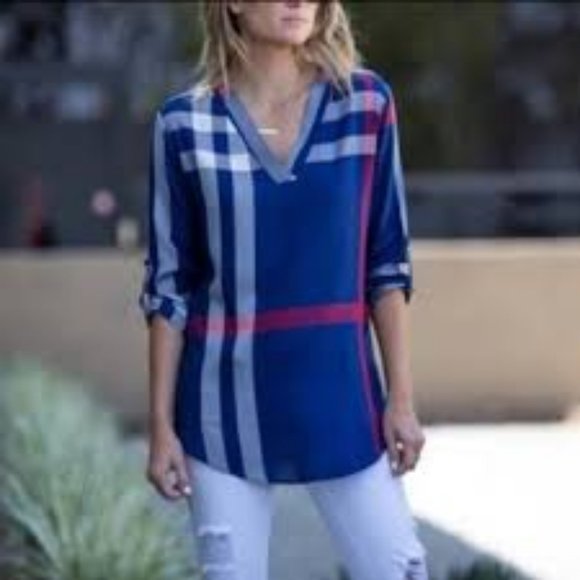 Amaryllis Royal Blue, Red- White Top Plaid Top XL - Picture 1 of 4